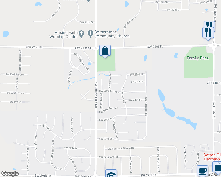 map of restaurants, bars, coffee shops, grocery stores, and more near 2322 Southwest Romar Road in Topeka