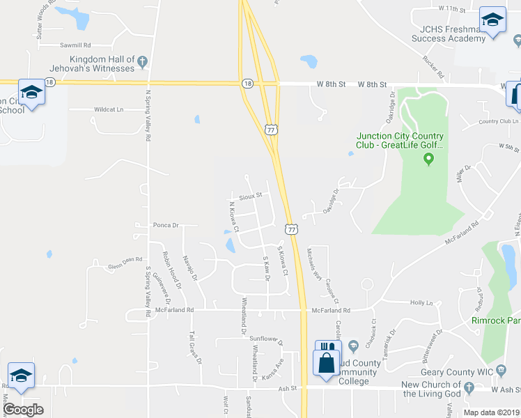 map of restaurants, bars, coffee shops, grocery stores, and more near 203 North Kaw Drive in Junction City