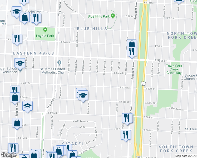 map of restaurants, bars, coffee shops, grocery stores, and more near 5621 Garfield Avenue in Kansas City