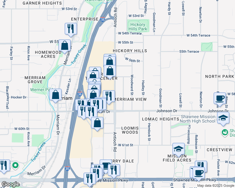 map of restaurants, bars, coffee shops, grocery stores, and more near 5801 Antioch Road in Mission