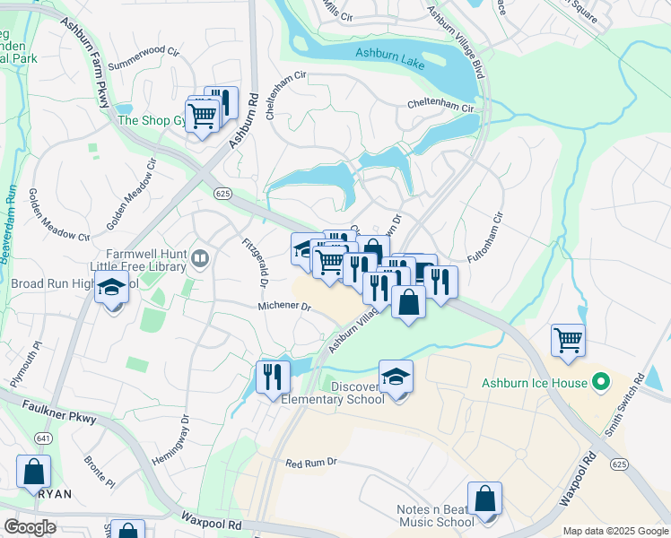 map of restaurants, bars, coffee shops, grocery stores, and more near 43930 Farmwell Hunt Plaza in Ashburn