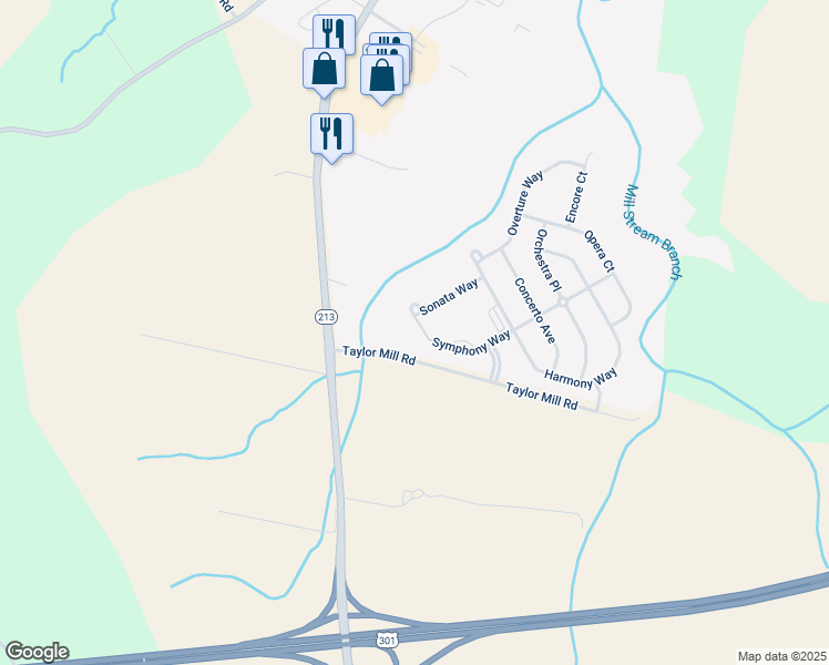 map of restaurants, bars, coffee shops, grocery stores, and more near 169 Symphony Way in Centreville