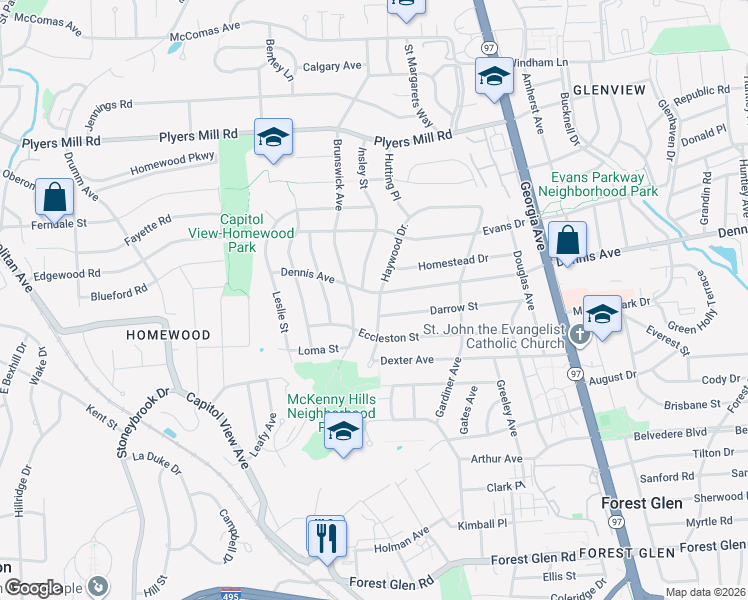 map of restaurants, bars, coffee shops, grocery stores, and more near 2500 Dennis Avenue in Silver Spring