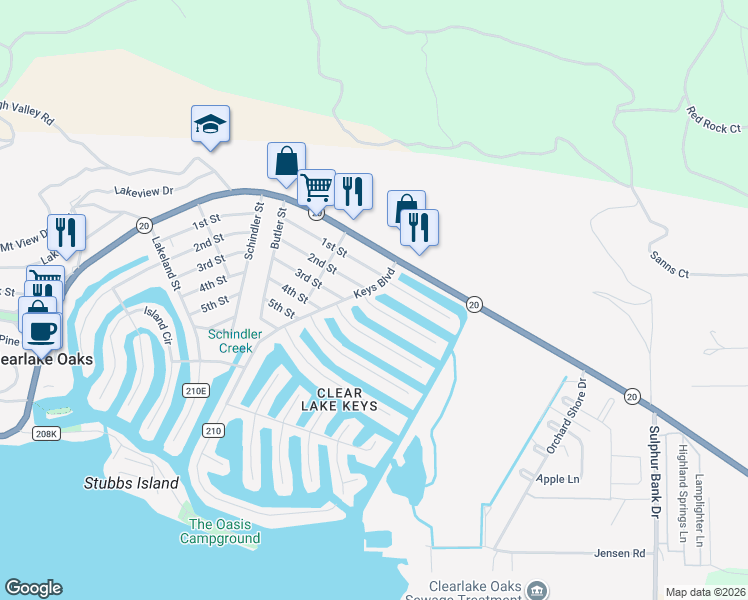 map of restaurants, bars, coffee shops, grocery stores, and more near 13324 Anchor Village in Clearlake Oaks