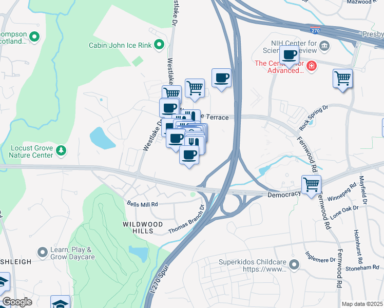 map of restaurants, bars, coffee shops, grocery stores, and more near 7125 Democracy Boulevard in Bethesda