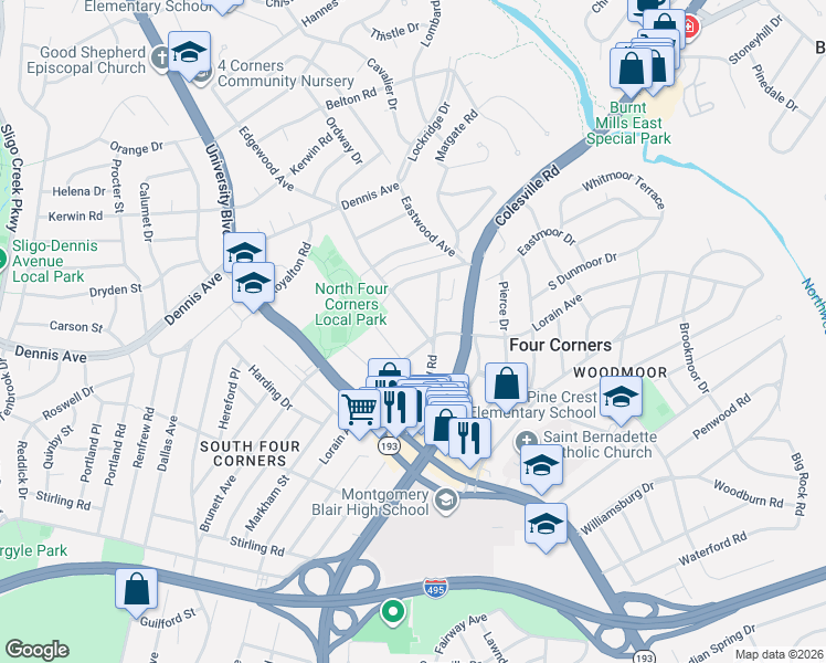 map of restaurants, bars, coffee shops, grocery stores, and more near 10206 Edgewood Avenue in Silver Spring