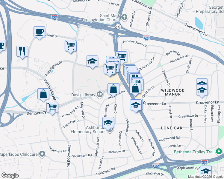 map of restaurants, bars, coffee shops, grocery stores, and more near 6312 Democracy Boulevard in Bethesda