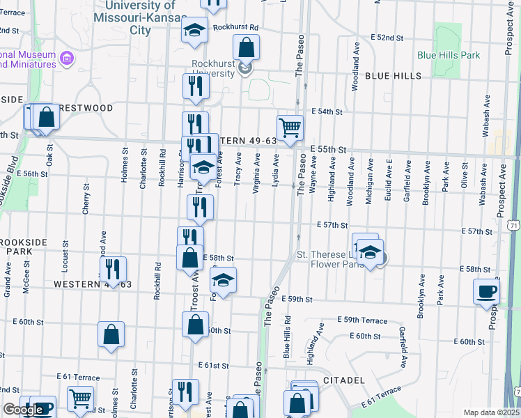 map of restaurants, bars, coffee shops, grocery stores, and more near 5631 Virginia Avenue in Kansas City