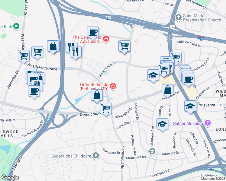 map of restaurants, bars, coffee shops, grocery stores, and more near 10215 Fernwood Road in Bethesda