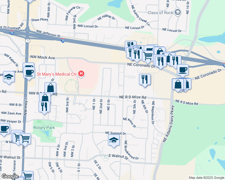map of restaurants, bars, coffee shops, grocery stores, and more near 708 Northeast 3 Street in Blue Springs