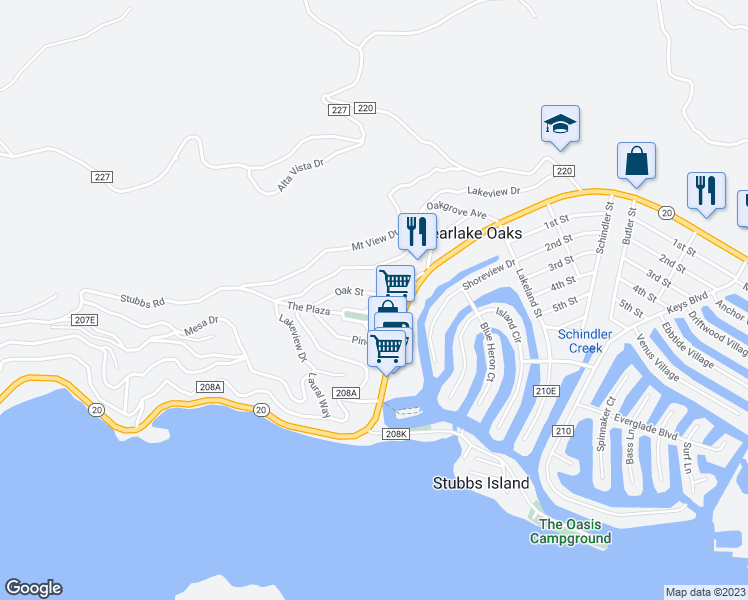 map of restaurants, bars, coffee shops, grocery stores, and more near 12530 Foothill Boulevard in Clearlake Oaks