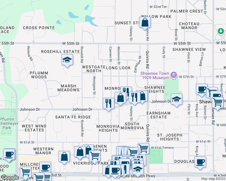 map of restaurants, bars, coffee shops, grocery stores, and more near 5743 Caenen Street in Shawnee