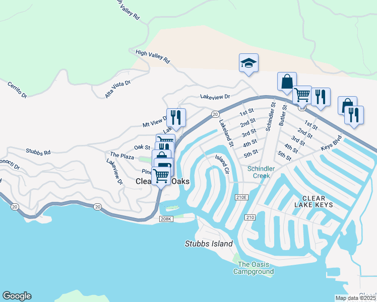 map of restaurants, bars, coffee shops, grocery stores, and more near 12668 Shoreview Drive in Clearlake Oaks