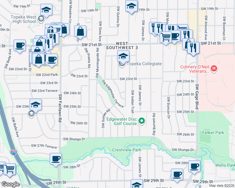 map of restaurants, bars, coffee shops, grocery stores, and more near 2401 Southwest Winterwood Lane in Topeka
