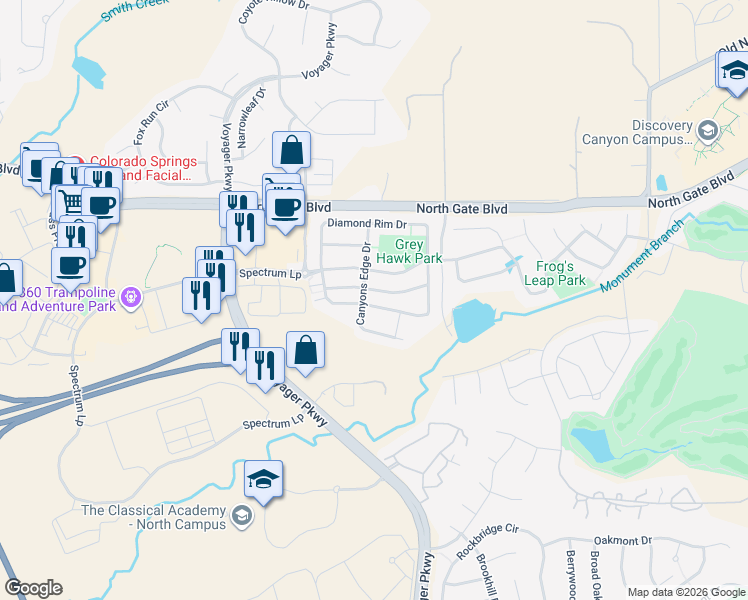 map of restaurants, bars, coffee shops, grocery stores, and more near 964 Diamond Rim Drive in Colorado Springs