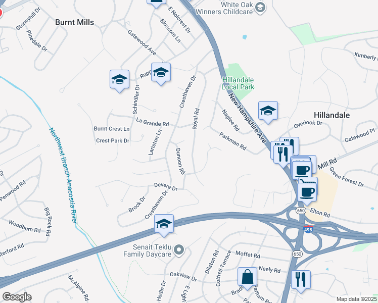 map of restaurants, bars, coffee shops, grocery stores, and more near 10312 Royal Road in Silver Spring