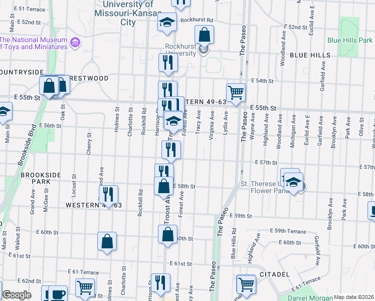 map of restaurants, bars, coffee shops, grocery stores, and more near 5638 Tracy Avenue in Kansas City
