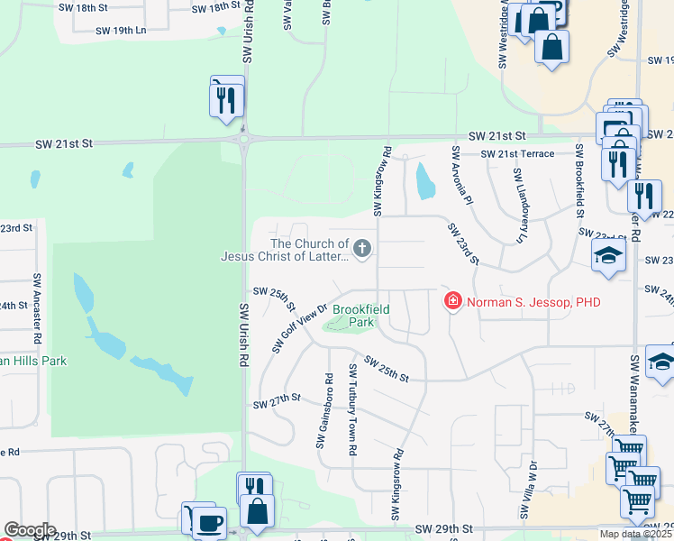 map of restaurants, bars, coffee shops, grocery stores, and more near 2438 Southwest Golf View Court in Topeka