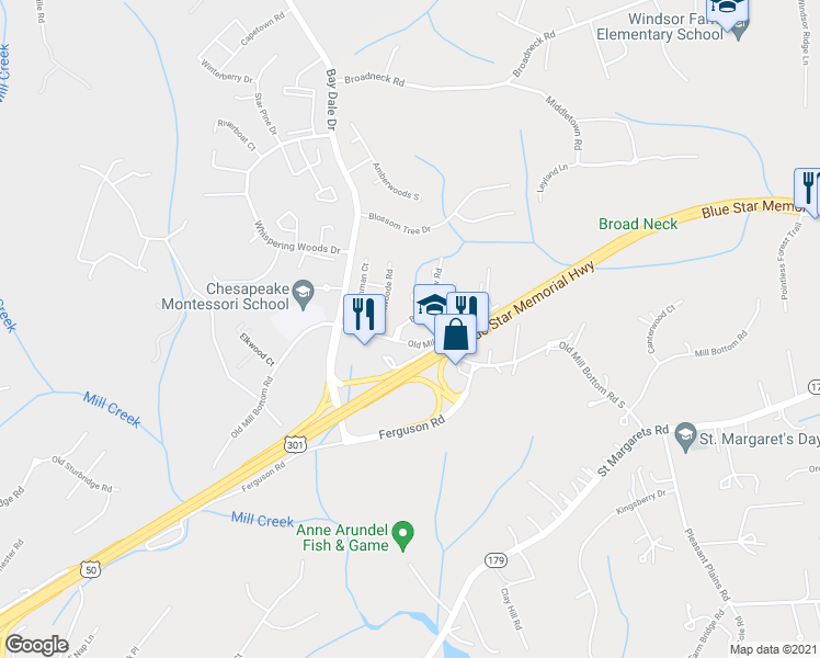 map of restaurants, bars, coffee shops, grocery stores, and more near 1403 Bretton View Road in Annapolis