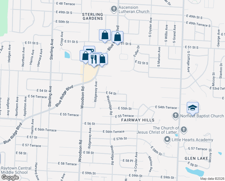 map of restaurants, bars, coffee shops, grocery stores, and more near 12004 East 54 Street in Kansas City