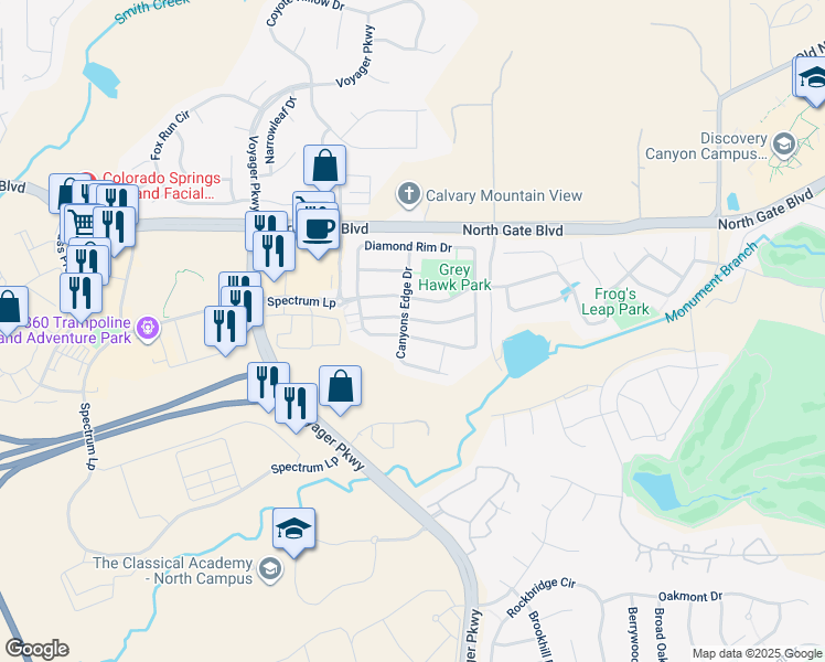 map of restaurants, bars, coffee shops, grocery stores, and more near 954 Diamond Rim Drive in Colorado Springs
