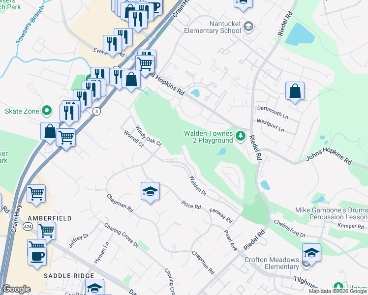 map of restaurants, bars, coffee shops, grocery stores, and more near 2658 Tallwind Court in Crofton