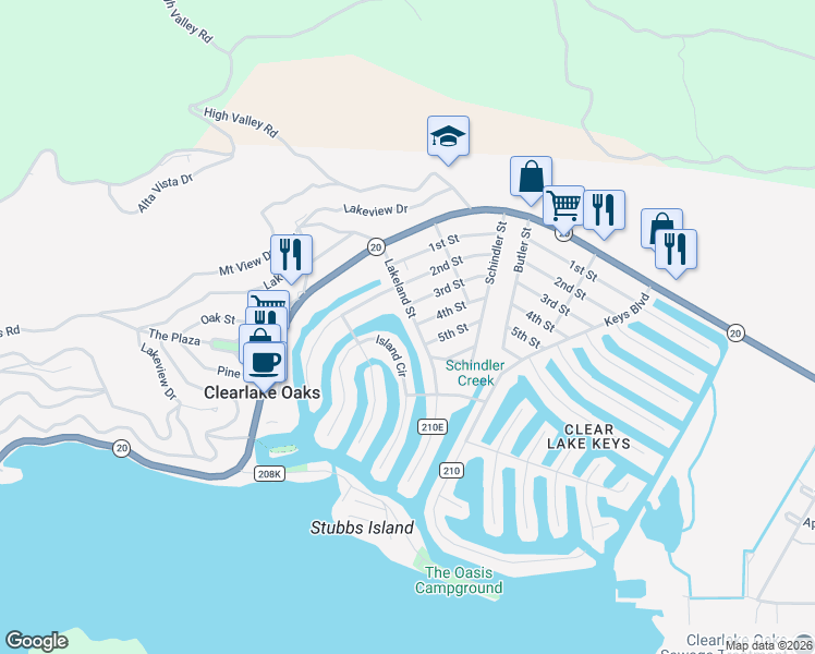 map of restaurants, bars, coffee shops, grocery stores, and more near 341 Lakeland street in Clearlake Oaks