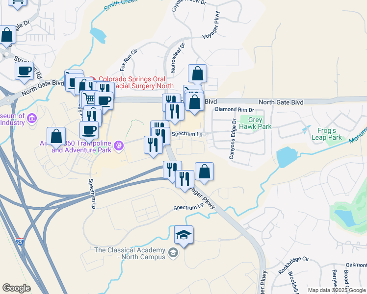 map of restaurants, bars, coffee shops, grocery stores, and more near 13315 Voyager Parkway in Colorado Springs