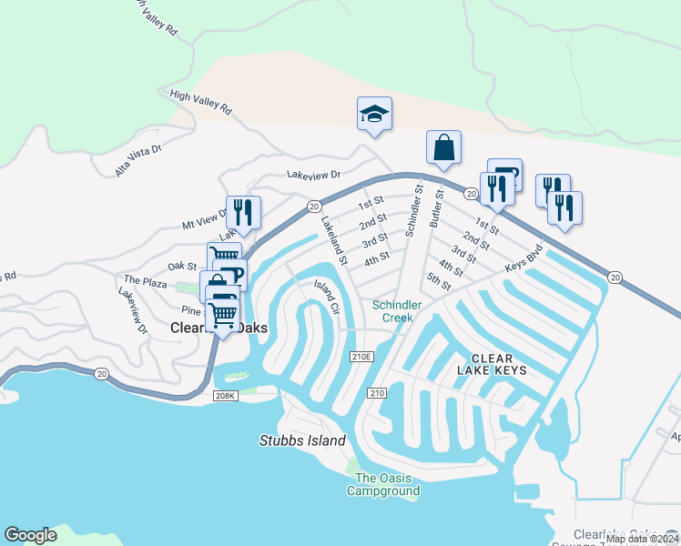 map of restaurants, bars, coffee shops, grocery stores, and more near 341 Lakeland street in Clearlake Oaks
