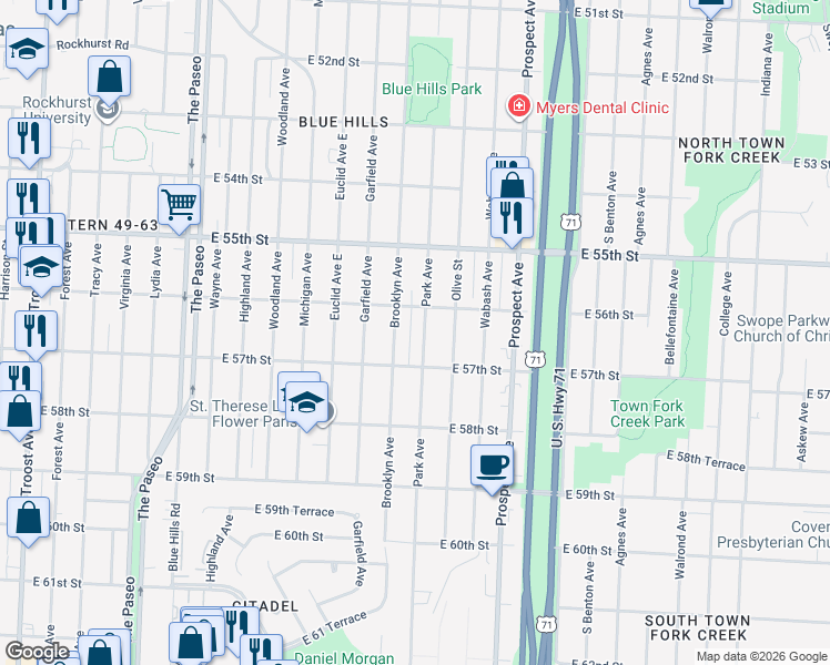 map of restaurants, bars, coffee shops, grocery stores, and more near 5617 Park Avenue in Kansas City