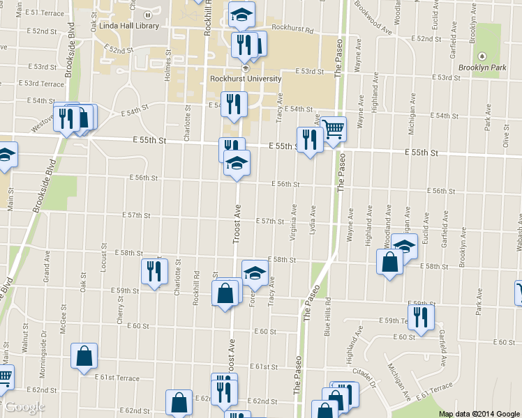 map of restaurants, bars, coffee shops, grocery stores, and more near 5638 Tracy Avenue in Kansas City