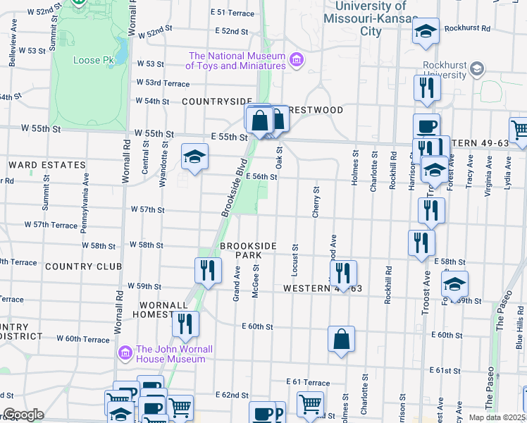 map of restaurants, bars, coffee shops, grocery stores, and more near 304 East 57th Street in Kansas City