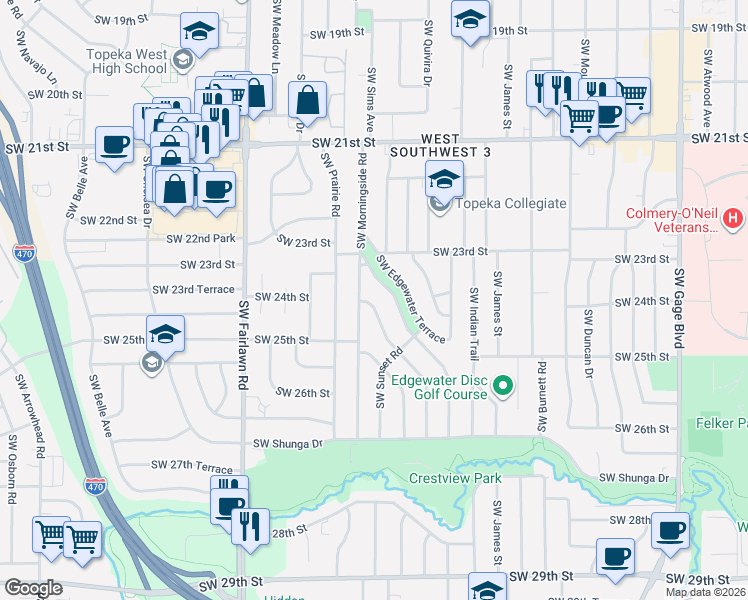 map of restaurants, bars, coffee shops, grocery stores, and more near 2333 Southwest Edgewater Terrace in Topeka