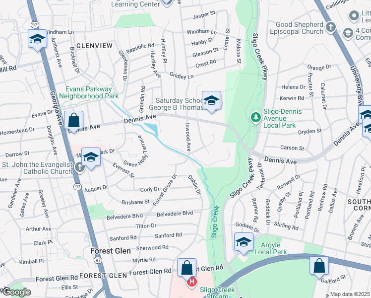 map of restaurants, bars, coffee shops, grocery stores, and more near 10300 Inwood Avenue in Silver Spring