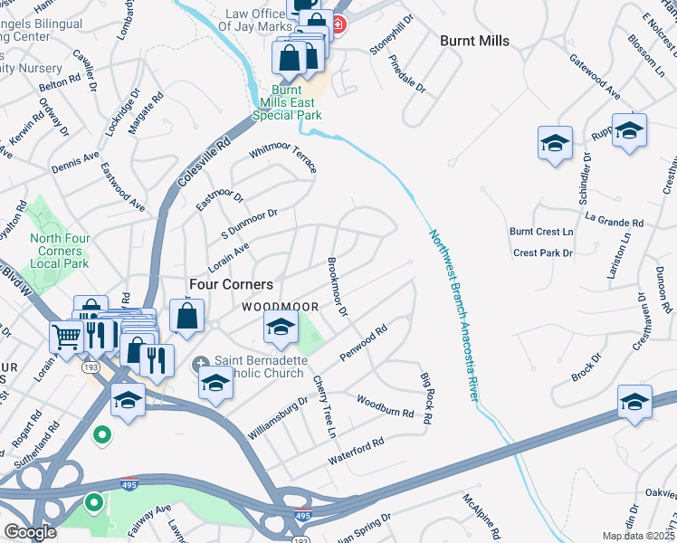 map of restaurants, bars, coffee shops, grocery stores, and more near 400 Hillmoor Drive in Silver Spring
