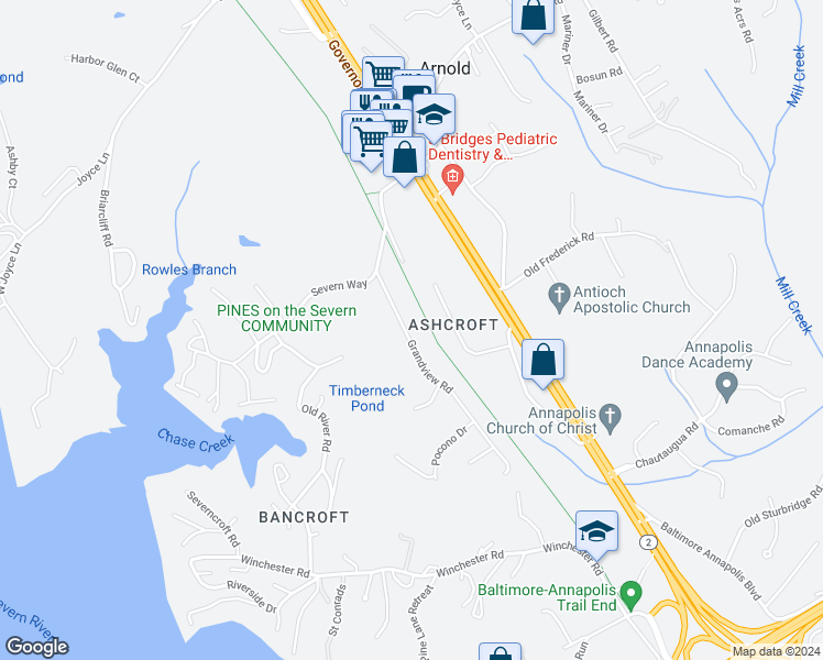 map of restaurants, bars, coffee shops, grocery stores, and more near 1463 Grandview Road in Arnold