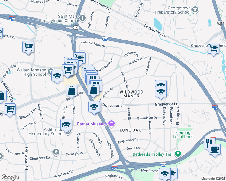 map of restaurants, bars, coffee shops, grocery stores, and more near 6024 Cheshire Drive in Bethesda
