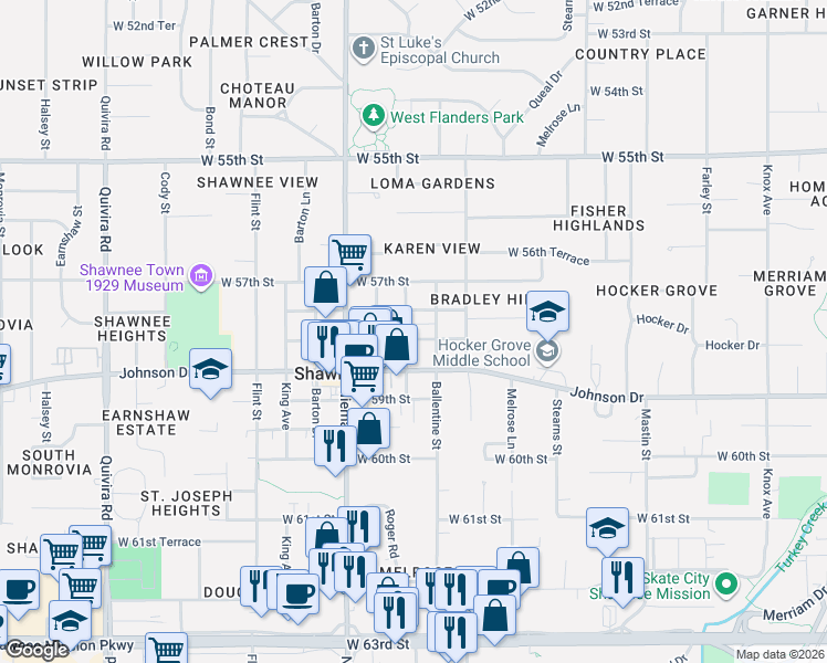 map of restaurants, bars, coffee shops, grocery stores, and more near 10810 West 58th Street in Shawnee