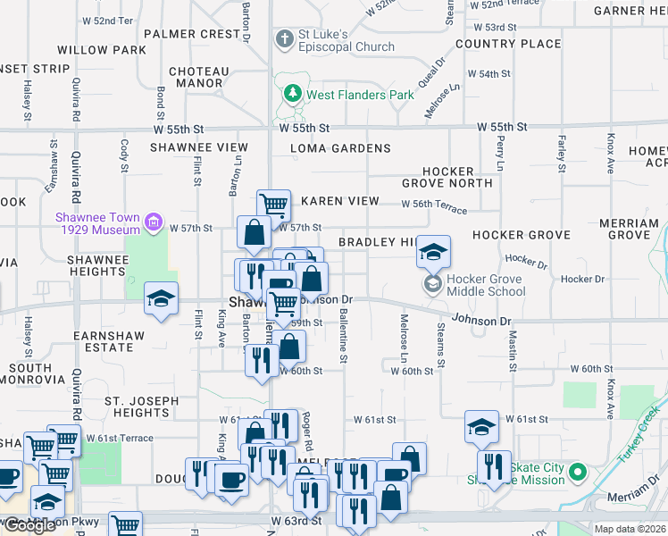 map of restaurants, bars, coffee shops, grocery stores, and more near 10810 West 58th Street in Shawnee