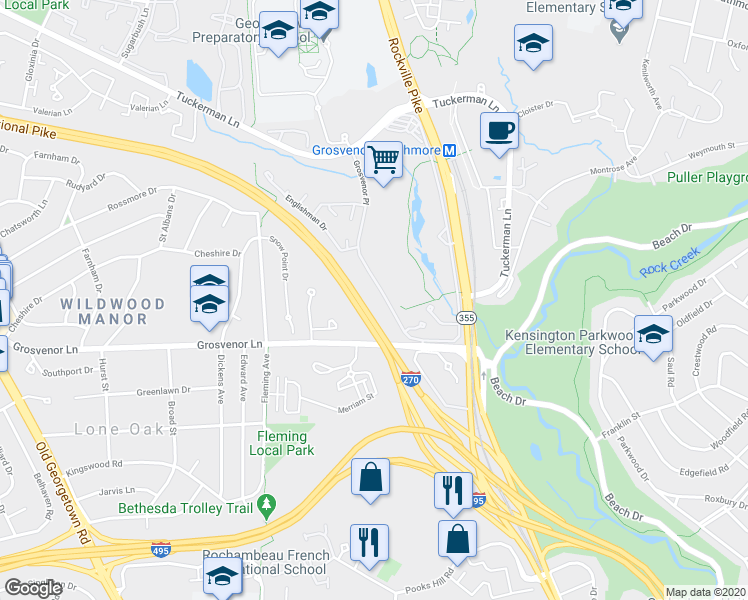 map of restaurants, bars, coffee shops, grocery stores, and more near 10286 Grosvenor Place in Rockville