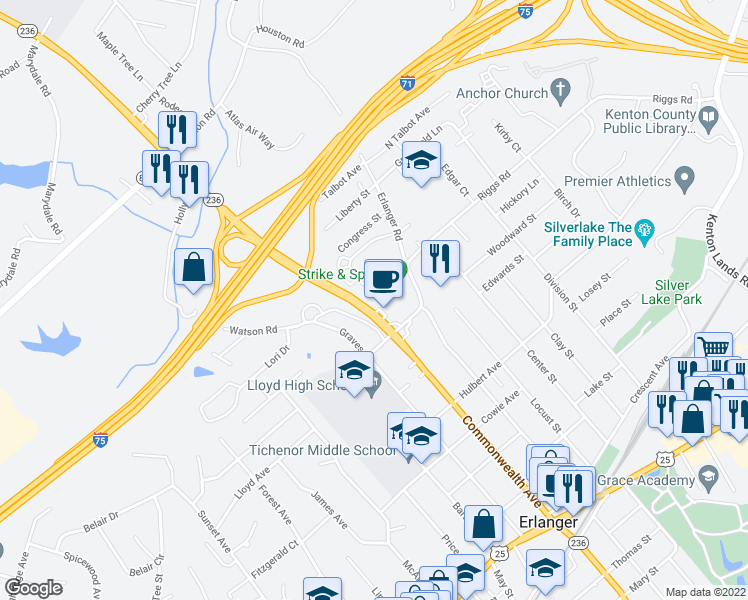 map of restaurants, bars, coffee shops, grocery stores, and more near 514 Commonwealth Avenue in Erlanger