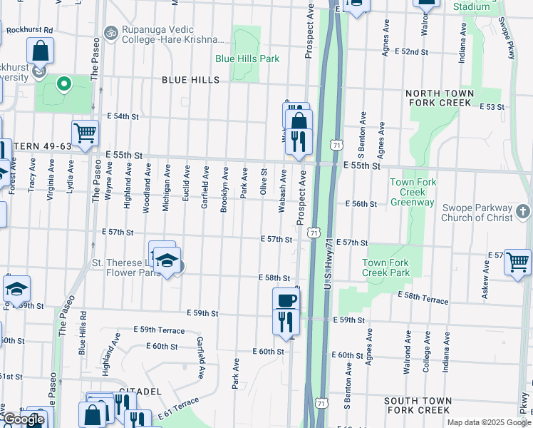 map of restaurants, bars, coffee shops, grocery stores, and more near 5617 Olive Street in Kansas City