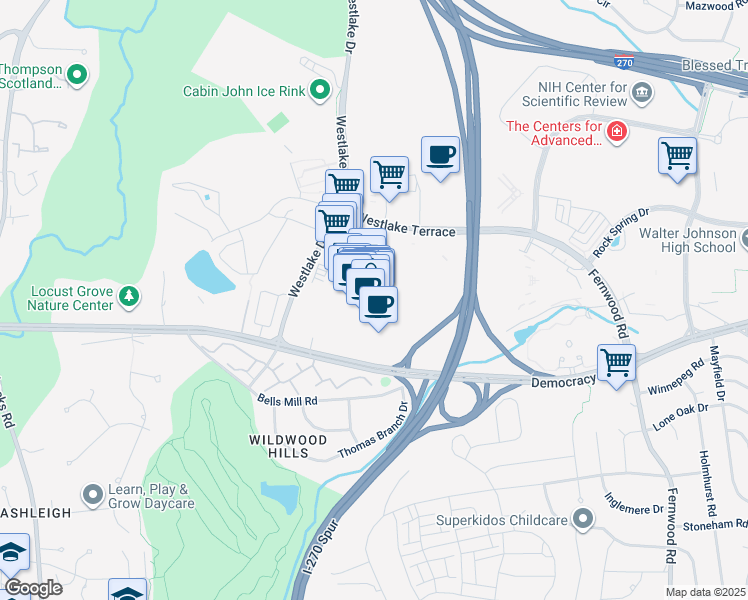map of restaurants, bars, coffee shops, grocery stores, and more near 7101 Democracy Boulevard in Bethesda