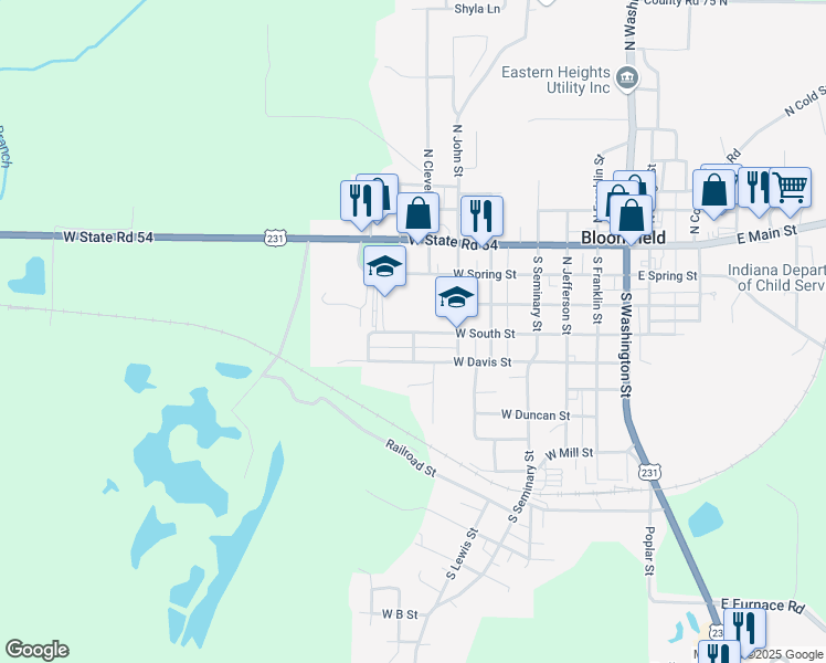 map of restaurants, bars, coffee shops, grocery stores, and more near 500 West South Street in Bloomfield