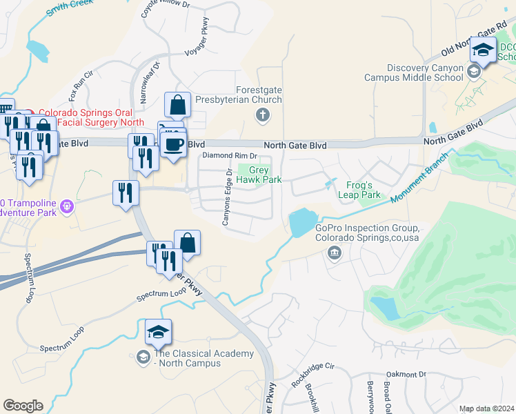 map of restaurants, bars, coffee shops, grocery stores, and more near 959 Fire Rock Place in Colorado Springs