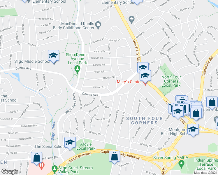 map of restaurants, bars, coffee shops, grocery stores, and more near 10201 Carson Place in Silver Spring