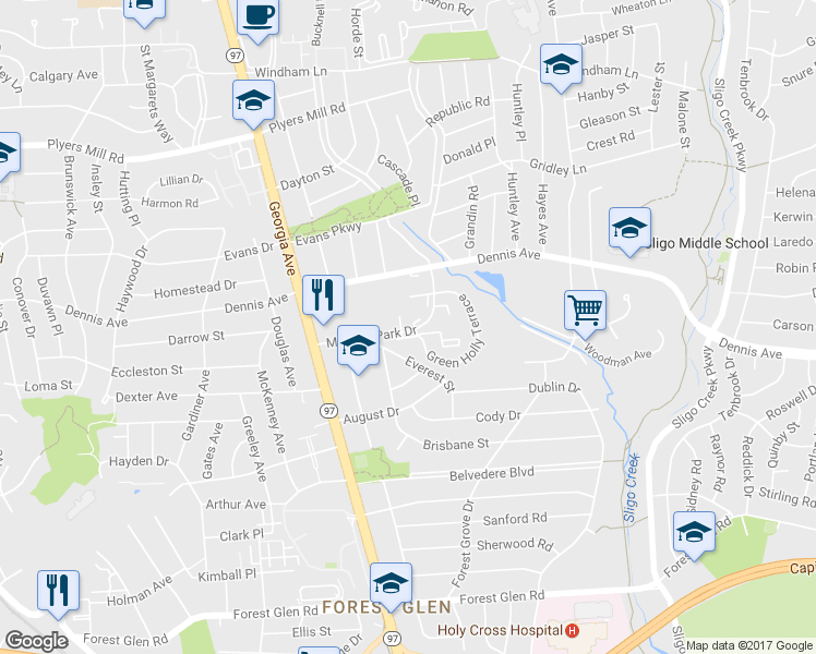 map of restaurants, bars, coffee shops, grocery stores, and more near 10131 Green Holly Terrace in Silver Spring