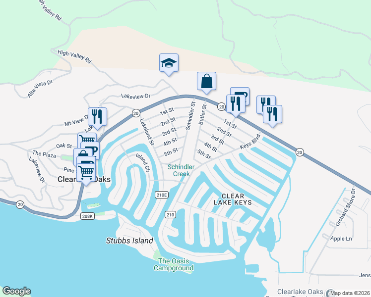 map of restaurants, bars, coffee shops, grocery stores, and more near 12975 5th Street in Clearlake Oaks