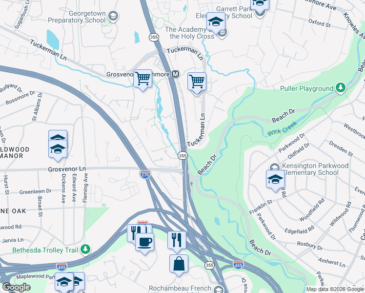 map of restaurants, bars, coffee shops, grocery stores, and more near Rockville Pike & Tuckerman Lane in North Bethesda