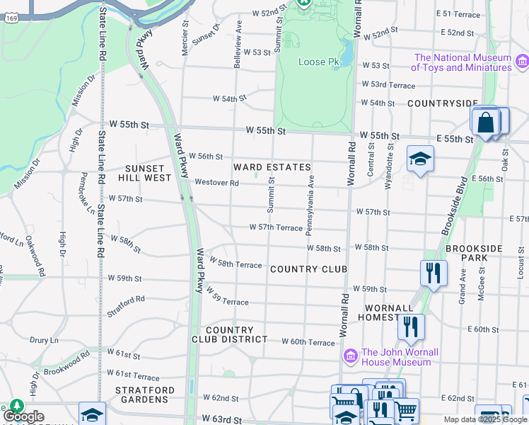 map of restaurants, bars, coffee shops, grocery stores, and more near 801 W 57th St in Kansas City